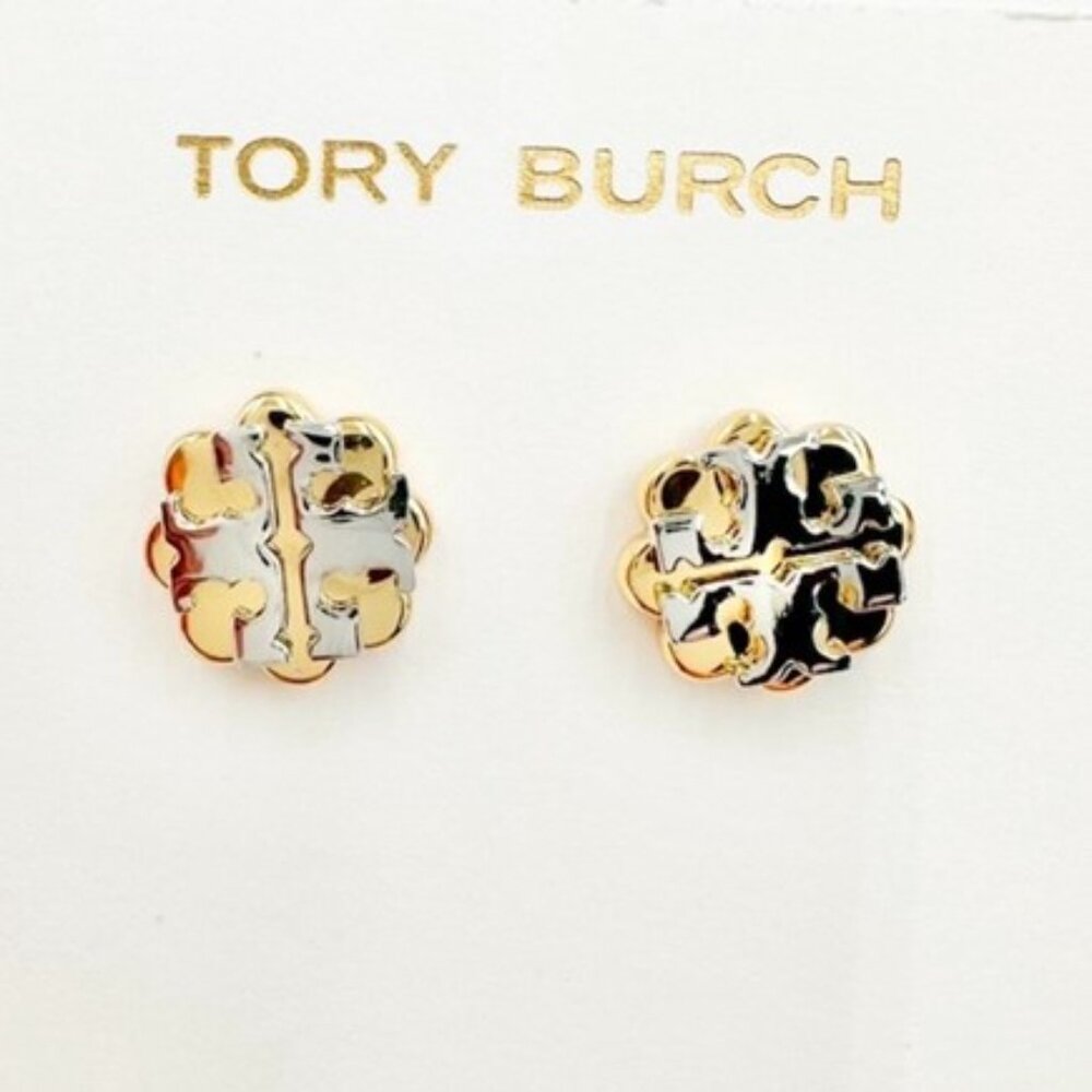 Tory Burch Logo Flower Two-Tone Stud Earrings w Dust Bag New - Picture 2 of 3